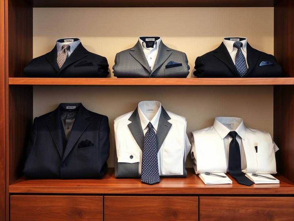 Folded bespoke suits in navy charcoal grey