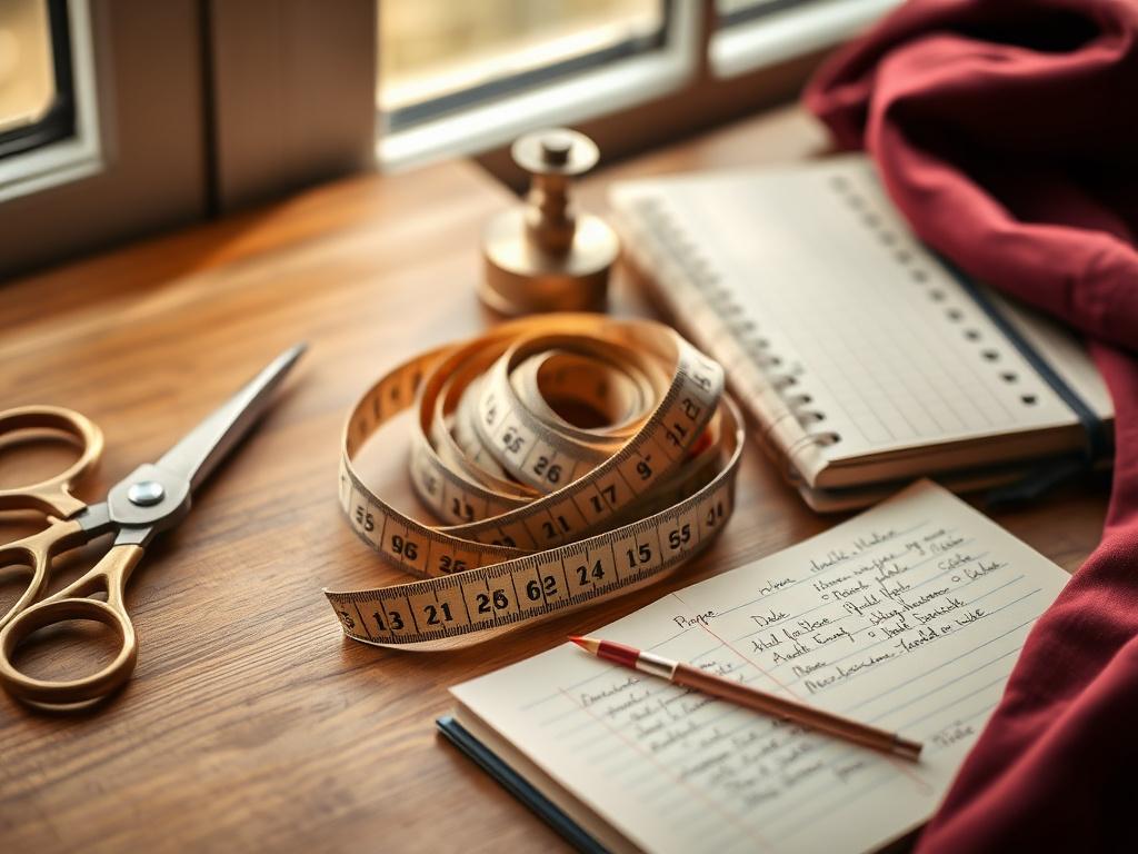 Measuring tape brass scissors and notebook