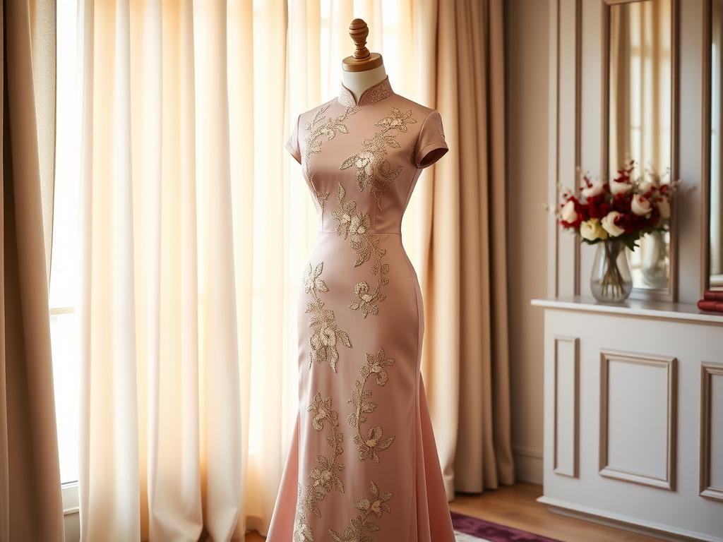Bridal cheongsam in dusty rose silk